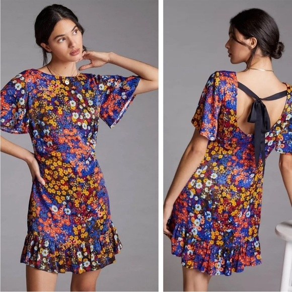 Anthropologie Dresses & Skirts - Anthropologie Ruffled Satin Floral Dress Anthropologie Dress Anthropologie